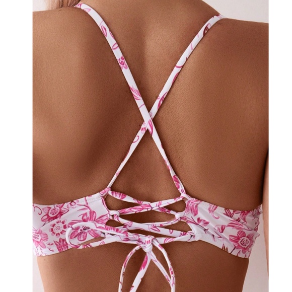 Boho Floral Print Criss Cross Lace up Bikini Swimsuit - Picture 4 of 5